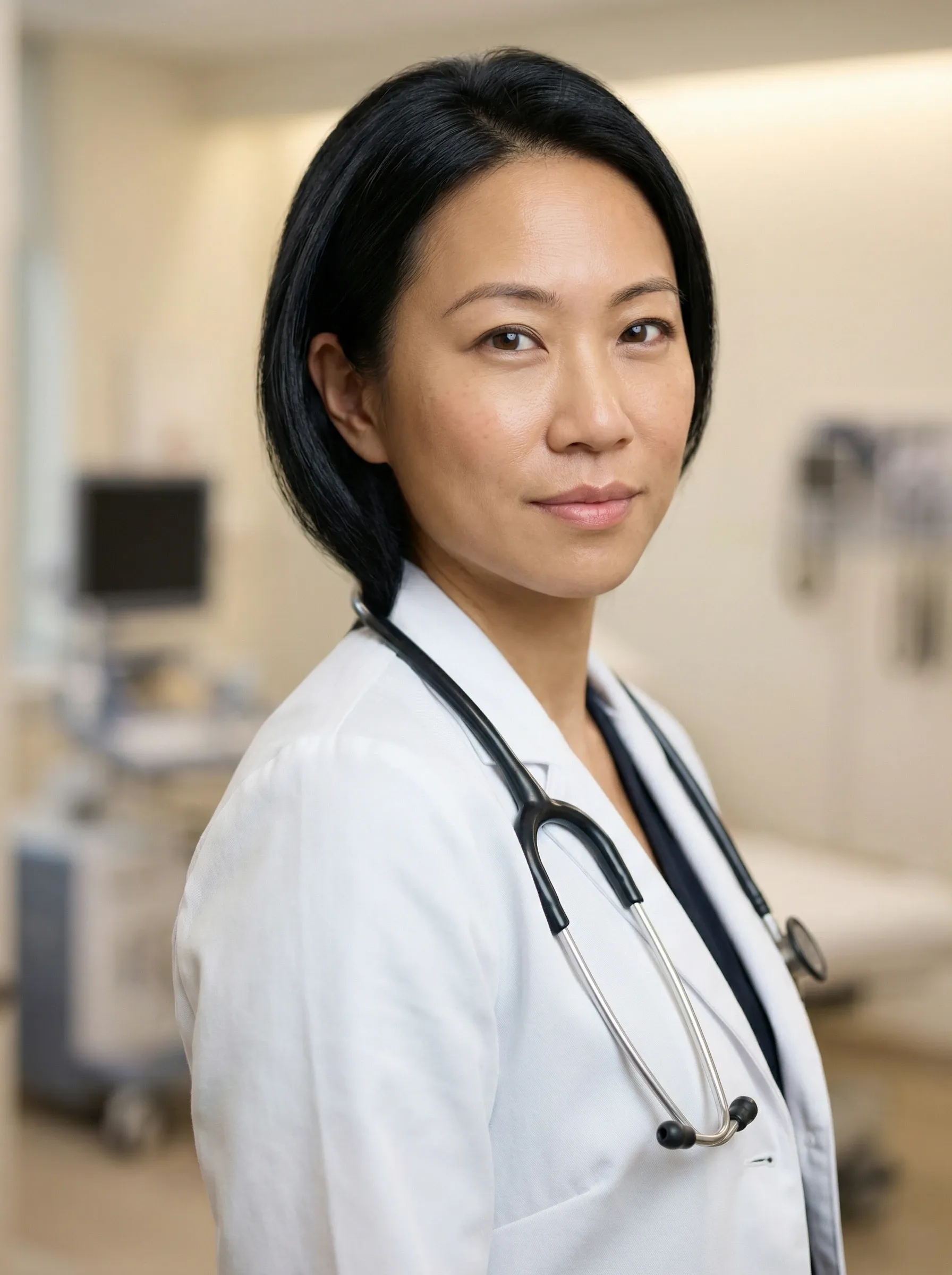 Healthcare provider in professional medical attire with hospital corridor environment